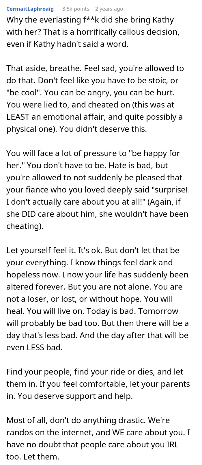 Alt text: Supportive advice for a man learning his fianc&eacute;e loves her friend, highlighting emotional betrayal and healing steps.