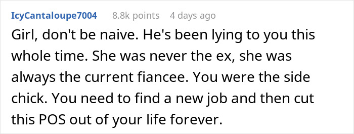 Screenshot of a Reddit comment advising a woman to leave a man who is getting married soon after 10 months of dating.