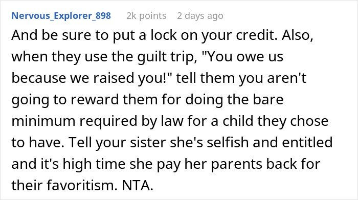 Screenshot of a Reddit comment discussing parents spoiling their daughter and neglecting their son, leading to financial troubles.