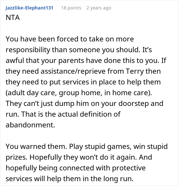 Comment defending woman setting a boundary about disabled brother&rsquo;s care after repeated drop-off incidents.