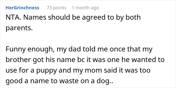 Comment discussing that baby names should be agreed upon by both parents, mentioning naming after a dog.