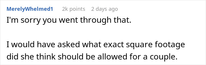 Screenshot of a social media comment discussing nosy neighbor shaming a couple for owning a big home with no kids.