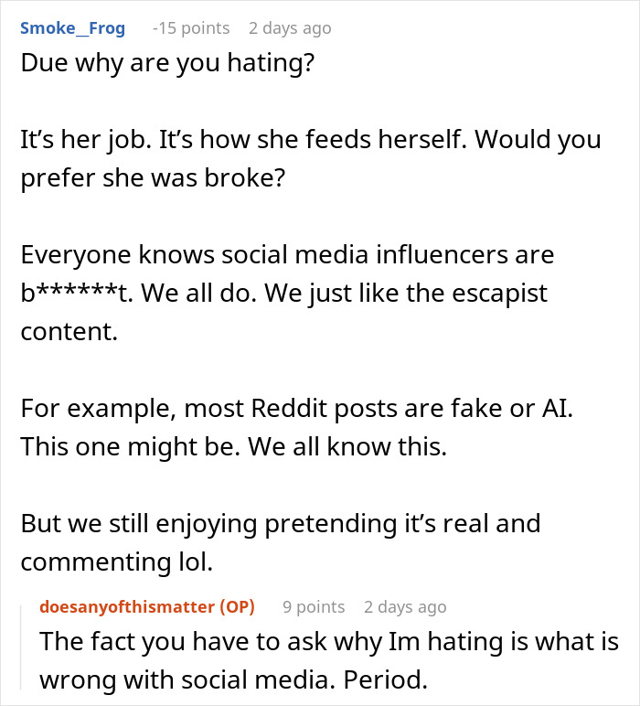 Screenshot of an online discussion about a gym influencer lying and its impact on her boyfriend's relationship.