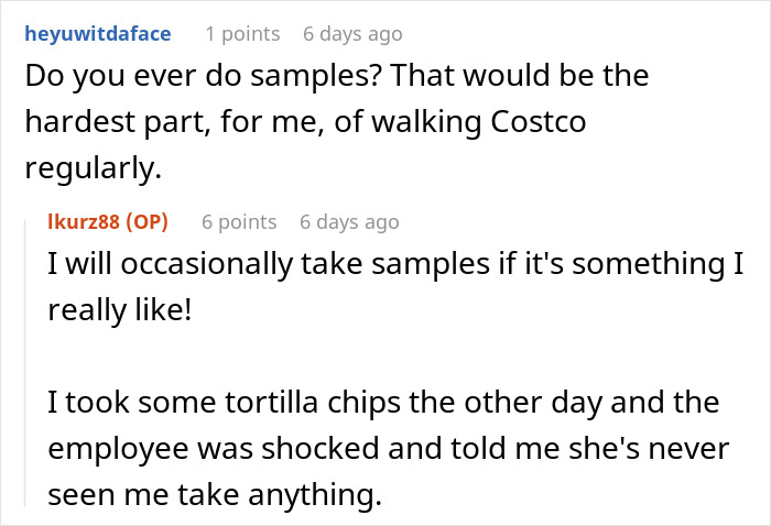 Screenshot of a conversation about walking Costco regularly and taking food samples, related to weight loss journey discussion.
