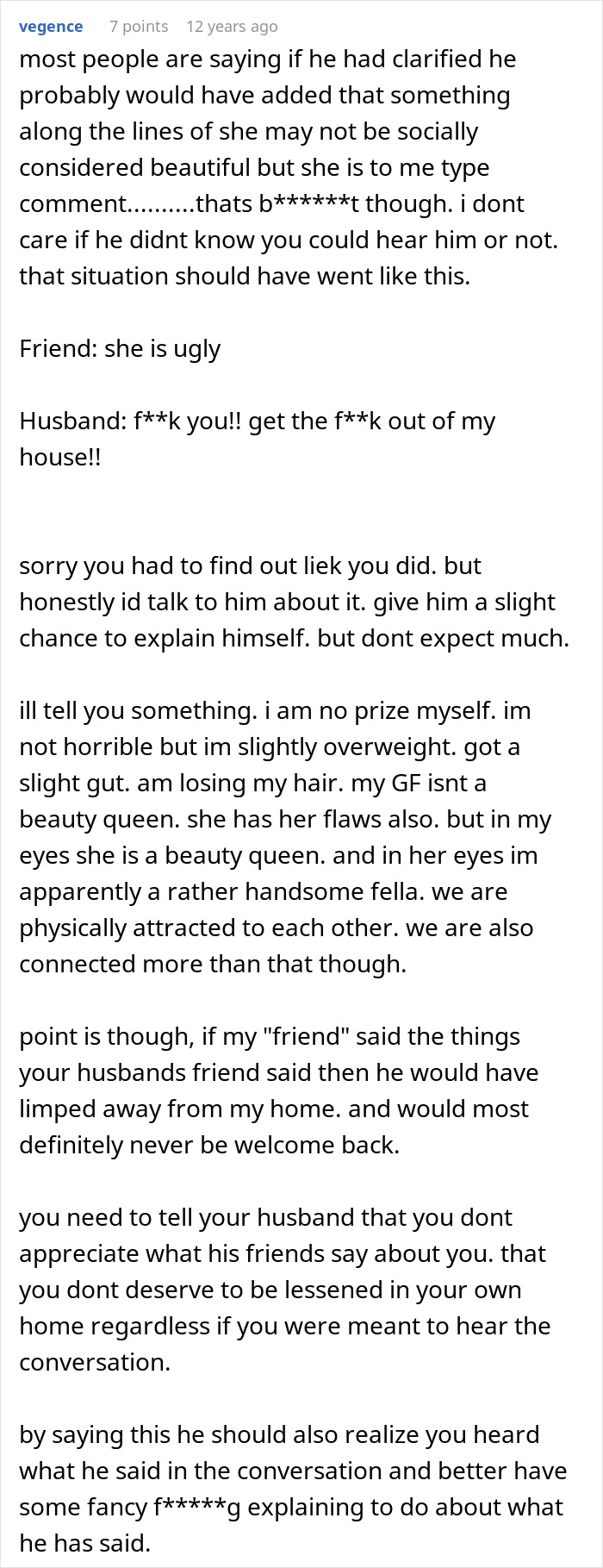 Text post discussing a wife hearing her husband admit she&rsquo;s ugly and the impact of such hurtful words.