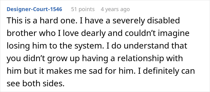 Text post on social media about caring for a severely disabled brother and family conflicts over responsibility.