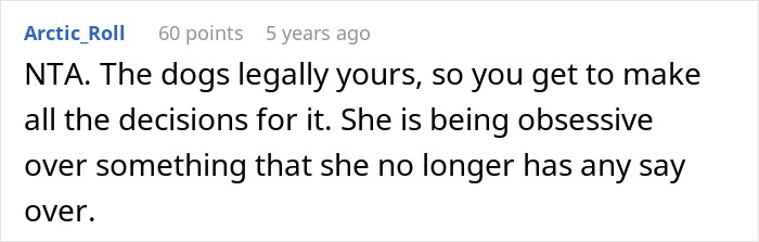 Screenshot of online comment discussing a woman adopting a dog and harassment from previous owners over name and care changes.