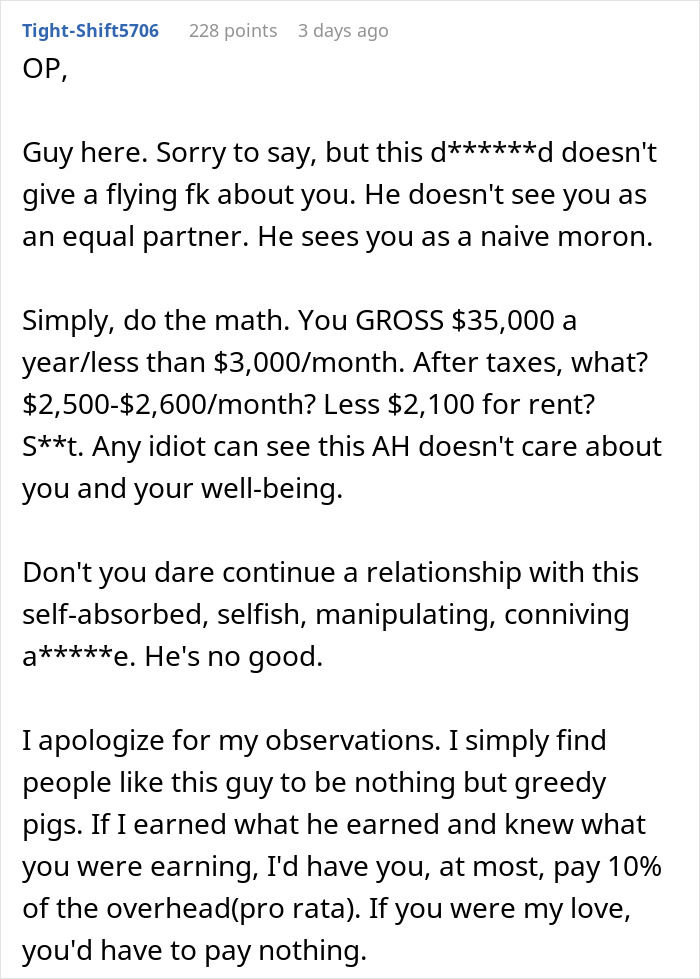 Commenter criticizes rich boyfriend demanding equal split rent, calling him selfish and advising girlfriend to reconsider relationship.