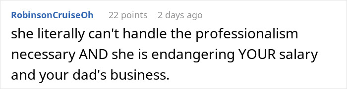 Text comment on a white background about a doctor refusing to rehire sister after she cost the practice $40,000, causing parents to freak out.