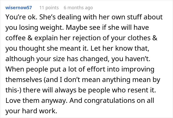 ALT text: Comment about woman losing weight and coworker offering old clothes, highlighting feelings and reactions to weight change. ALT text: Comment about woman losing weight and coworker offering old clothes, highlighting feelings and reactions to weight change.