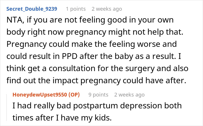 Online discussion about wife planning surgery after weight loss, husband calls her selfish for postponing another child.