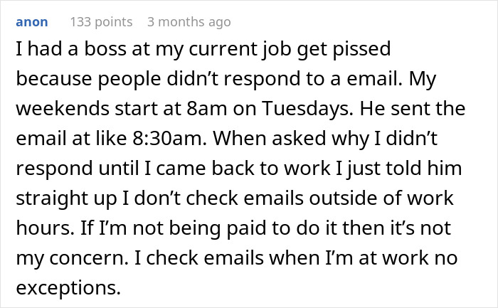 Text post about boss upset over employee not checking email while taking public transit to work outside work hours.