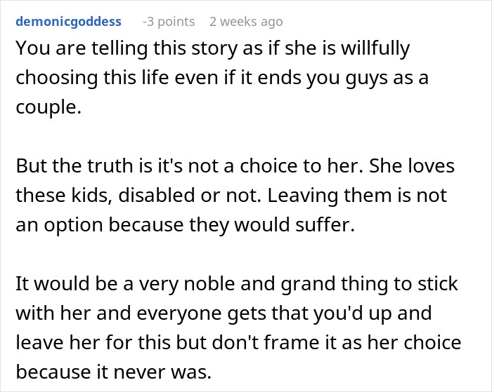 Comment text highlighting a woman saving her niblings from foster care and the impact on her relationship future.