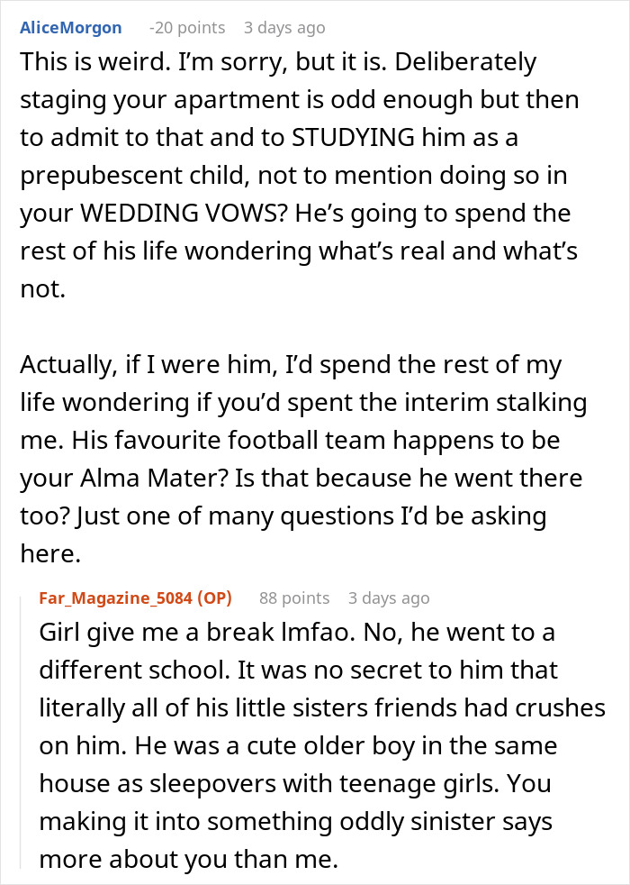 Alt text: Reddit comment debate about a woman staging her apartment to impress a guy and admitting it at their wedding.