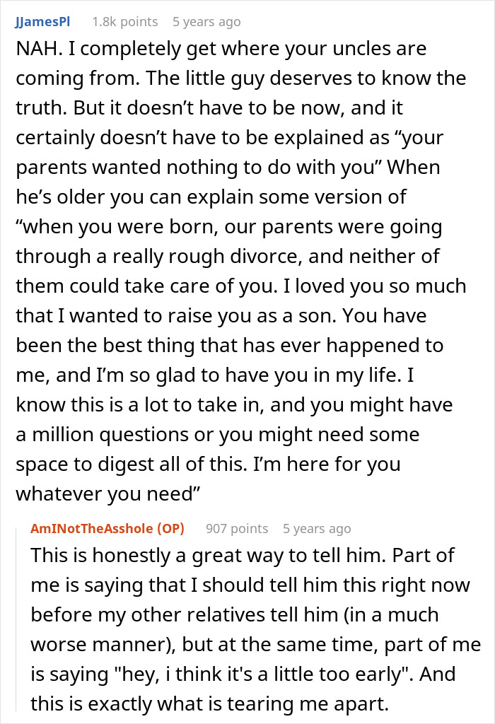 Screenshot of Reddit comments discussing whether to tell a son the harsh truth about his real parents and timing the conversation carefully.