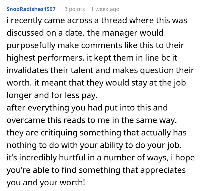 Comment in black text on white background about a worker who goes above and beyond told she&rsquo;s not doing enough.
