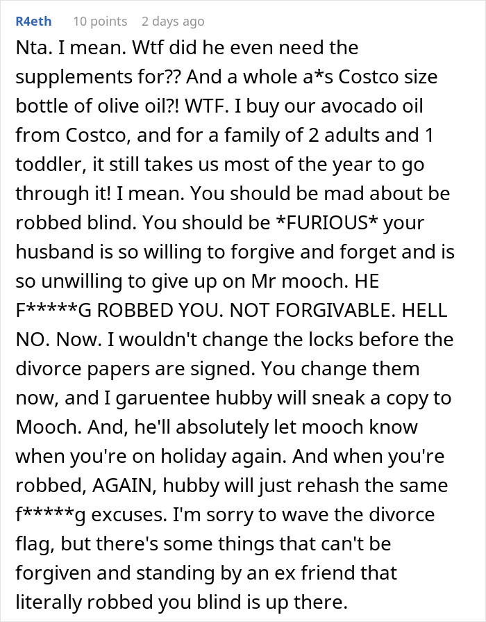 Comment discussing anger toward a friend who ate everything owned, focusing on forgiveness and boundaries after betrayal. Comment discussing anger toward a friend who ate everything owned, focusing on forgiveness and boundaries after betrayal.
