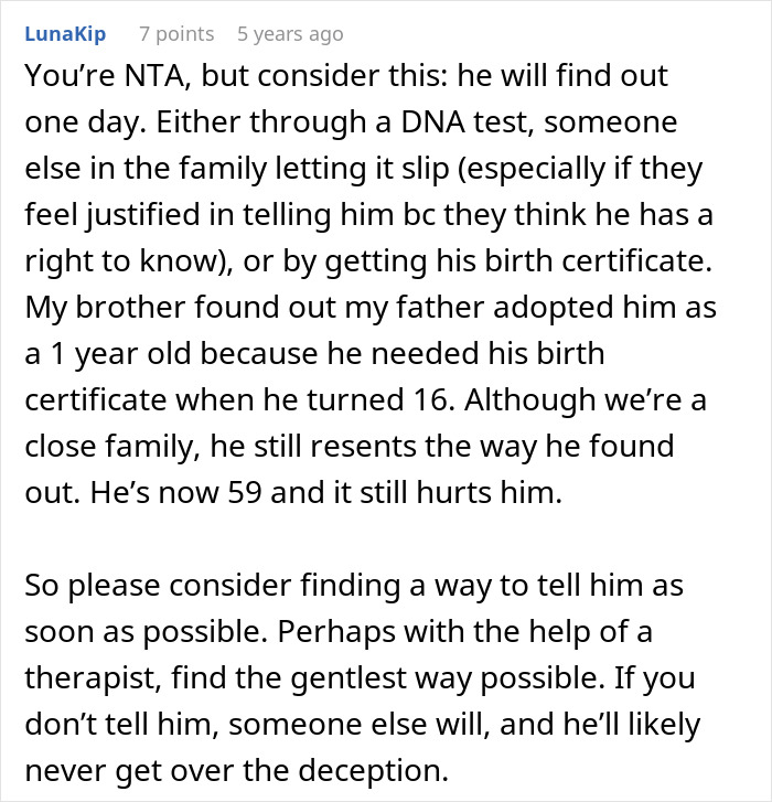Alt text: Man wonders if he should tell his son the harsh truth about his real parents and adoption secret.