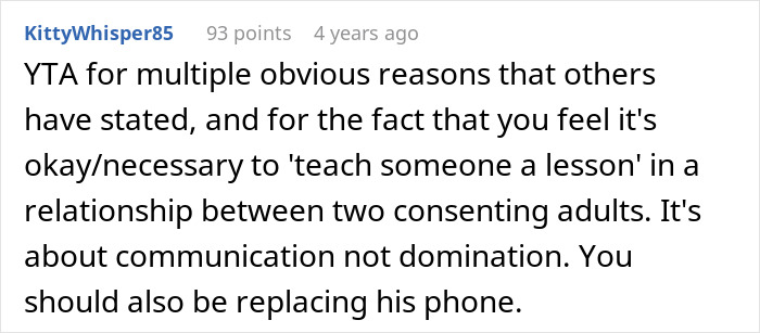 Screenshot of a Reddit comment explaining why teaching empathy by destroying a boyfriend&rsquo;s phone is wrong in relationships.