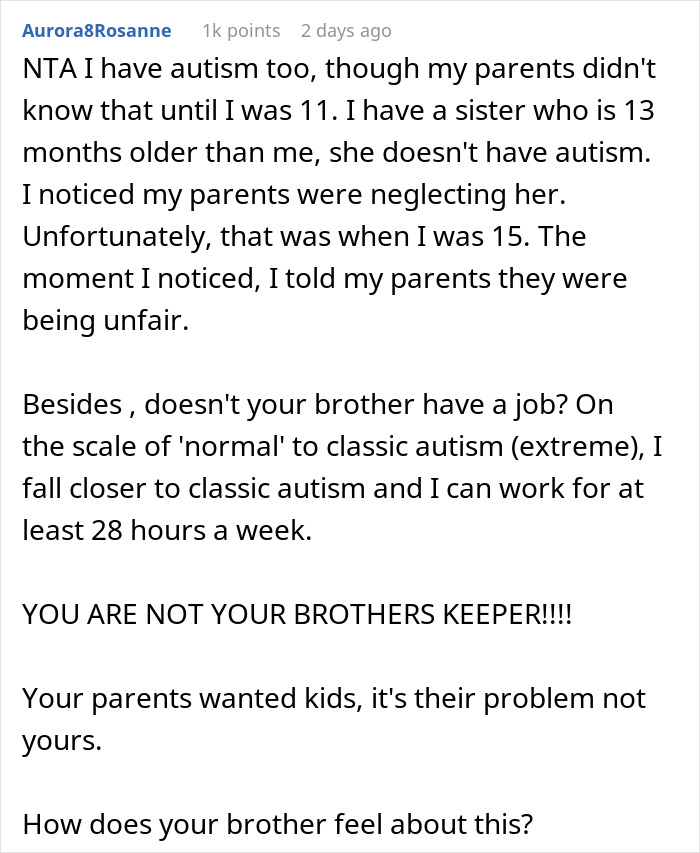 Comment discussing neglect faced by sibling of autistic and epileptic brothers and parents demanding part of her salary.
