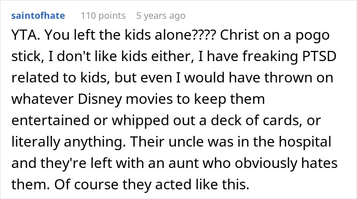 Comment criticizing leaving sister&rsquo;s kids alone during a family emergency, discussing neglect and frustration.