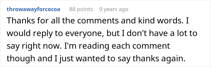 Reddit user expressing gratitude for supportive comments about parents lied food allergies daughter no contact situation.