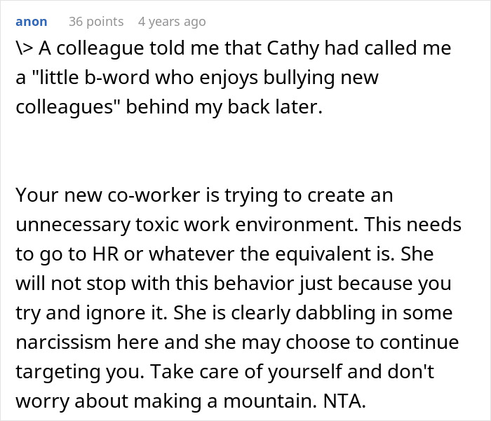 Text post discussing a colleague creating a toxic work environment by bullying a new co-worker, highlighting workplace issues.