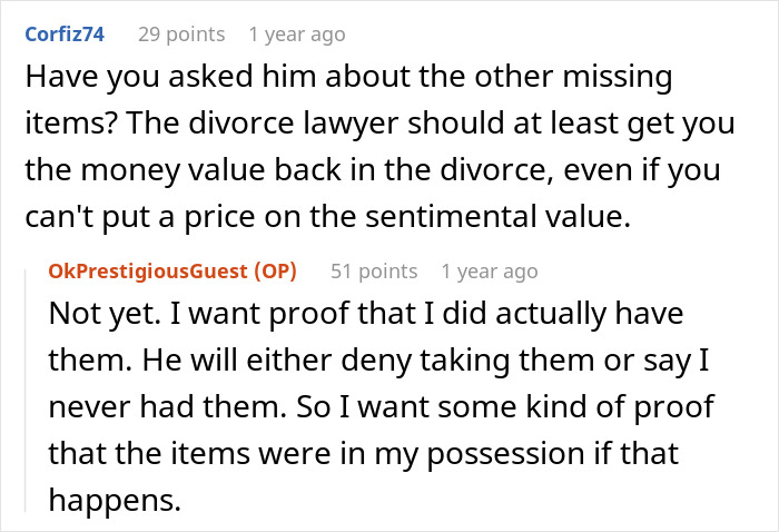 Screenshot of a Reddit conversation about a man ruining his marriage by stealing his wife&rsquo;s tea set and giving it to his niece.
