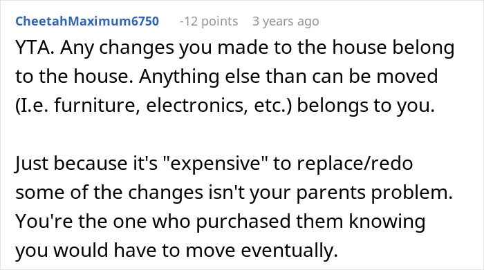 Reddit comment discussing parents kicking out daughter to move into her remodeled room, highlighting ownership disputes.