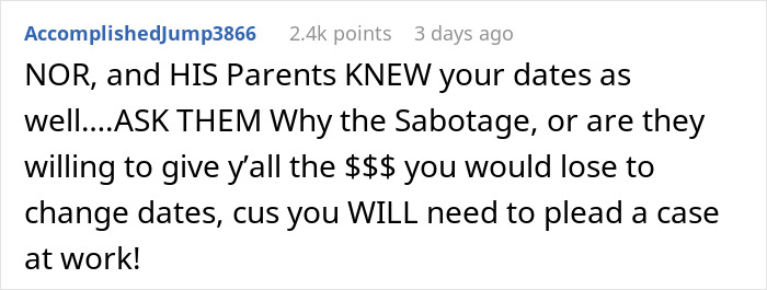 Screenshot of a Reddit comment discussing sabotage and date conflicts involving a selfish SIL trying to ruin a honeymoon trip.