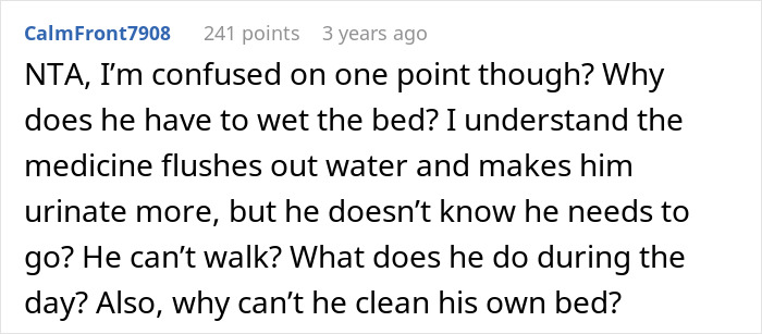 Reddit comment discussing wife cleaning bed repeatedly and husband refusing to use diapers or catheter despite challenges.