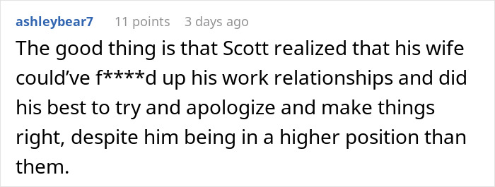 Comment about coworker apologizing after realizing superior&rsquo;s wife&rsquo;s show was not free, highlighting work relationship impact.