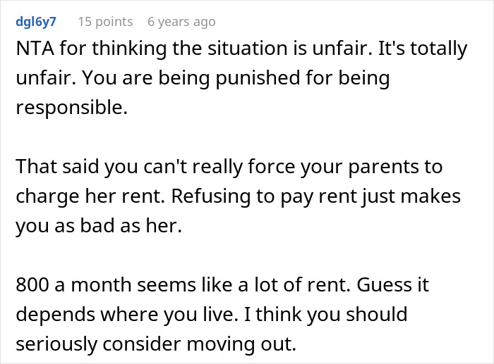 Reddit comment discussing sibling refusing to keep paying rent after finding out sister lives rent free, calling situation unfair.