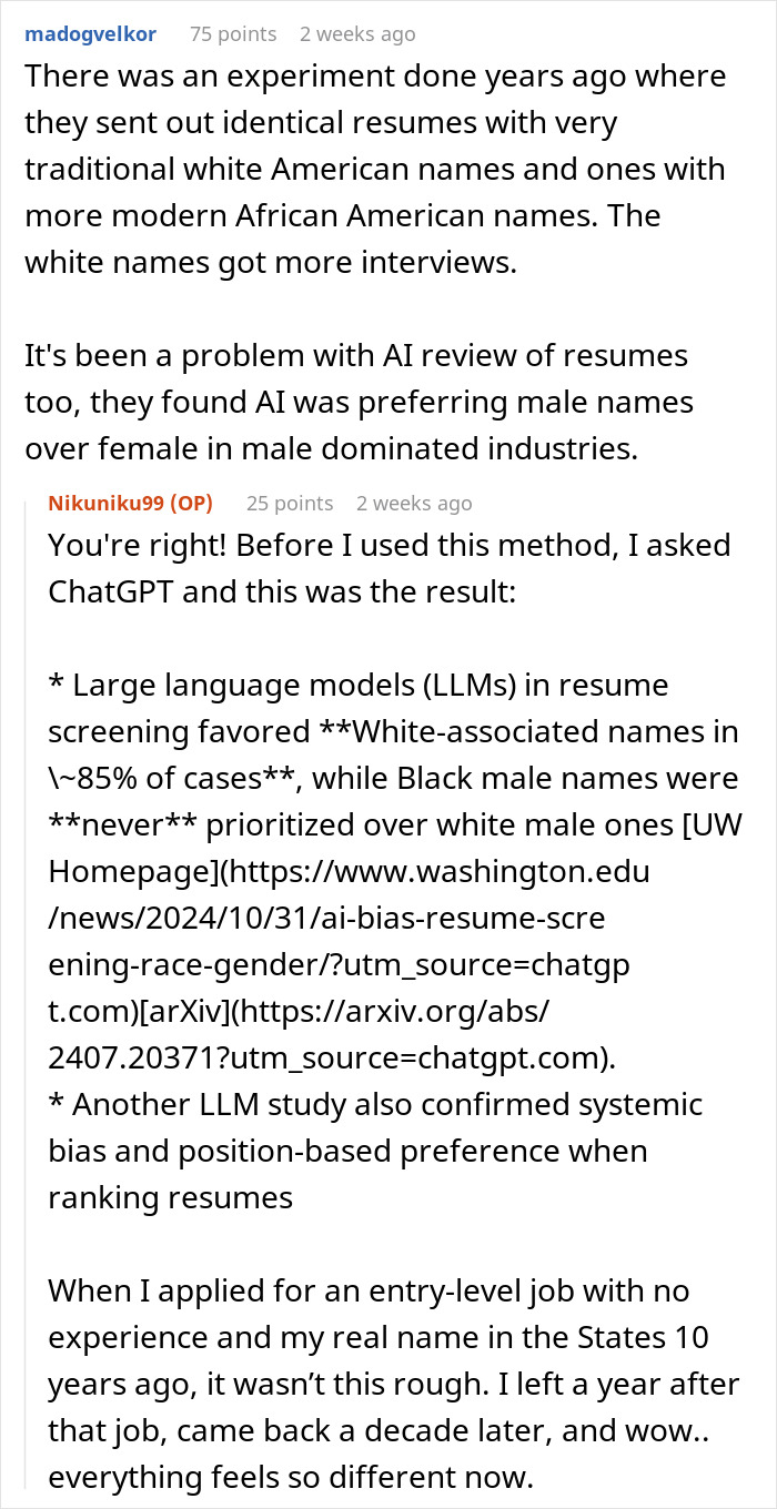 Discussion about bias in AI resume screening favoring white-associated names over Black male names in job interviews and offers.