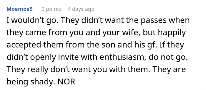 Comment discussing family dynamics about separate drive Disneyland plans and reluctance to join without enthusiasm.