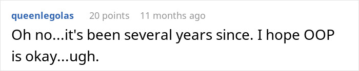 Text comment on a social platform expressing concern about a person&rsquo;s well-being after several years, related to parents lied food allergies daughter no contact.
