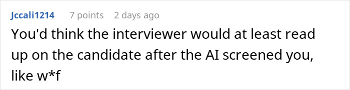 Screenshot of a user comment discussing frustrations with AI-scored job interview real-time screening feedback. Screenshot of a user comment discussing frustrations with AI-scored job interview real-time screening feedback.