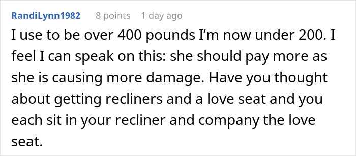 Comment explaining why heavier roommate should pay more for new couch due to causing more damage.