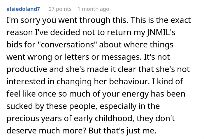 Screenshot of a Reddit comment discussing a new mom confronting MIL over unhinged behavior and strained family dynamics.