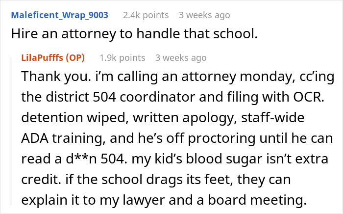 Comments on a post about a math teacher banning diabetic kid from checking glucose, highlighting mom's frustration and legal action plans.