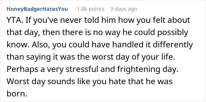 Comment discussing how a woman makes her brother feel like she hates him after he thanks her for delivering him.