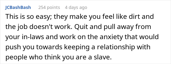 Comment about parents guilt-tripping daughter-in-law for refusing cheap babysitting in online discussion.
