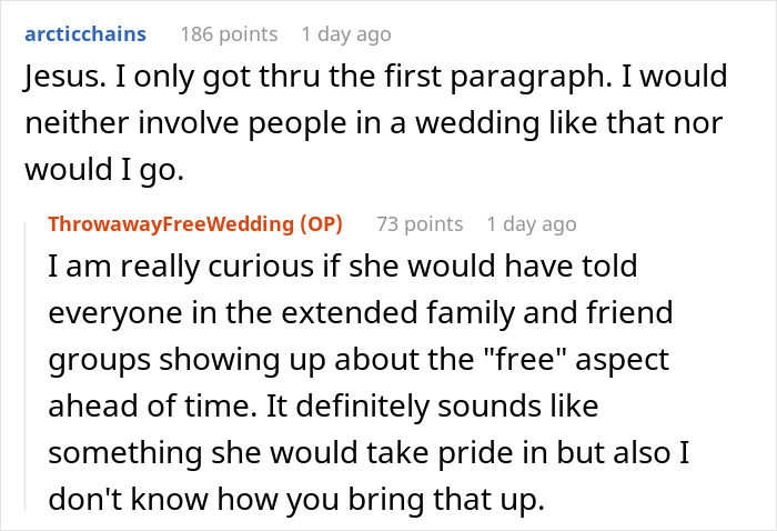 Reddit conversation discussing a bride&rsquo;s plan for an elaborate wedding without spending money and others&rsquo; reactions.
