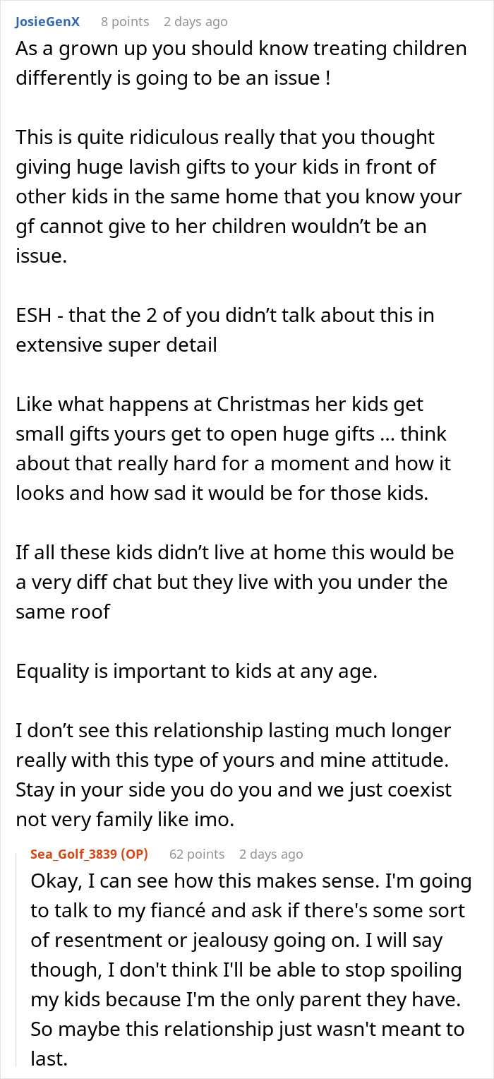 Screenshot of online discussion about a guy refusing to be a step-father due to gift inequality among children.