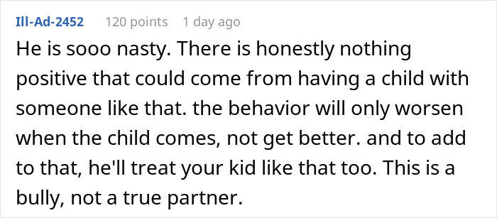 Comment criticizing a man accusing his pregnant girlfriend of playing the victim when too sore and tired to work out.