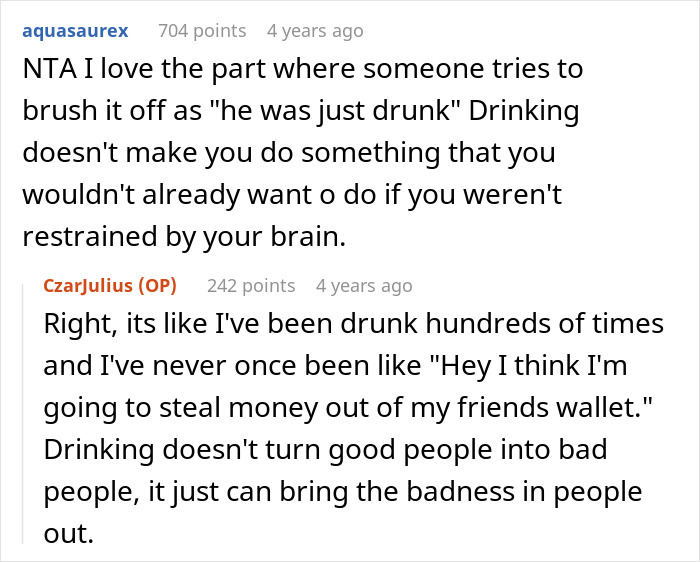 Comments discussing a man refusing to forgive an ex-friend who stole money, still calling him a thief years later.