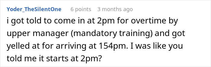 Comment about employee arriving late for mandatory training, showing boss upset over employee not checking email while taking public transit.