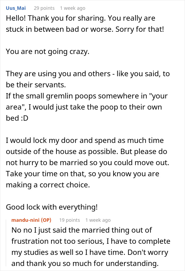 Commenter offering advice to a woman struggling after quitting free babysitting for cousin&rsquo;s wife in an online discussion.