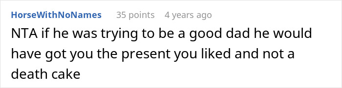 Screenshot of an online comment discussing a cake fail, highlighting a teen telling dad would&rsquo;ve remembered if he cared.