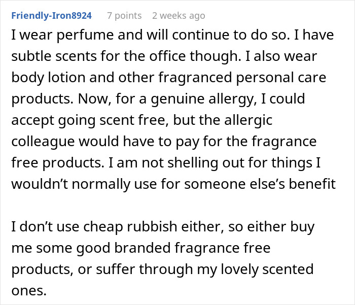 Comment discussing workplace bans on perfume due to employee allergies and ongoing complaints about scents.